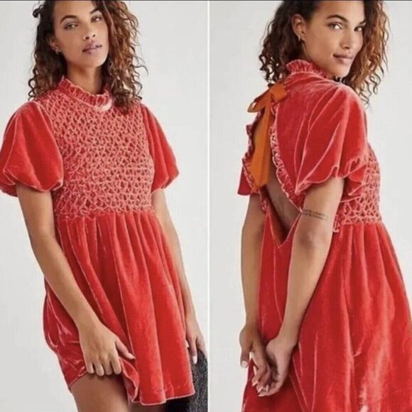 Free People Dresses & Skirts - NWT Free People Tangerine Gum Drop‎ Velvet Ruffle Mini Dress Small Open Back